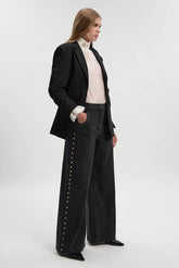 Denim Studded Wide Leg Trouser