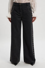Denim Studded Wide Leg Trouser