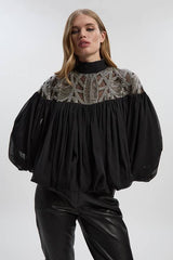 Crystal Embellished Cutwork Cape Detail Woven Drama Blouse