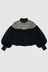 Crystal Embellished Cutwork Cape Detail Woven Drama Blouse
