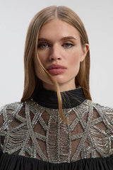 Crystal Embellished Cutwork Cape Detail Woven Drama Blouse