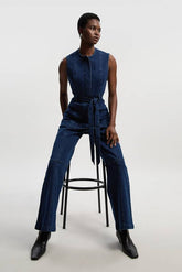 Denim Button Front Straight Leg Trousers