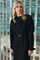 Pinstripe Cowl Neck Tailored Pencil Midi Dress