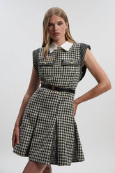 Tall Textured Tweed Contrast Collar Pleated Tailored Mini Dress