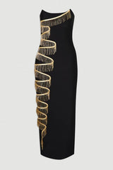 Embellished Fringe Bandeau Figure Form Bandage Maxi Dress