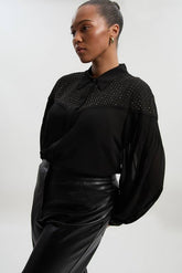 Plus Size Hotfix Studded Long Sleeve Woven Shirt