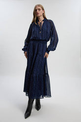 Karen Millen Print Shirred Detail Dobby High Neck Woven Maxi Dress