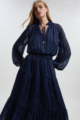 Karen Millen Print Shirred Detail Dobby High Neck Woven Maxi Dress