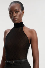 Mesh With Velvet Bow Neck Detail Halter Neck Bodysuit