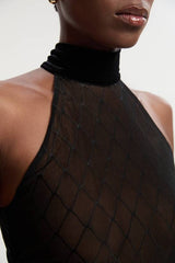 Mesh With Velvet Bow Neck Detail Halter Neck Bodysuit
