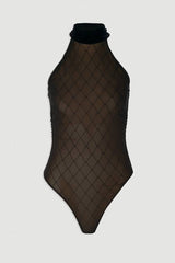 Mesh With Velvet Bow Neck Detail Halter Neck Bodysuit