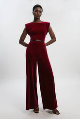 Petite Stretch Velvet Strong Shoulder Jumpsuit