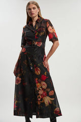 Floral Print Organdie Woven Shirt Dress