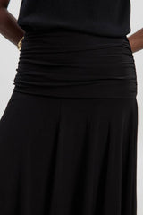 Stretch Drapey Crepe Ruched Hanky Hem Midi Skirt