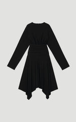 Stretch Drapey Crepe Ruched Hanky Hem Midi Skirt
