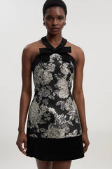 Petite Velvet And Jacquard Contrast Halterneck Tailored Mini Dress