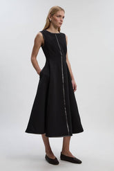 Compact Stretch Pu Mix Sleeveless Full Skirted Tailored Midi Dress