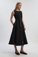 Compact Stretch Pu Mix Sleeveless Full Skirted Tailored Midi Dress