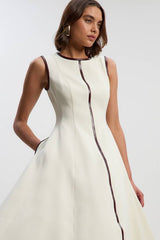 Compact Stretch Pu Mix Sleeveless Full Skirted Tailored Midi Dress