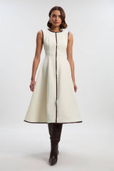 Compact Stretch Pu Mix Sleeveless Full Skirted Tailored Midi Dress