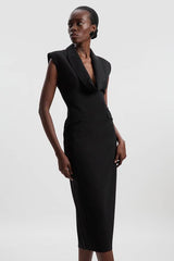 Polished Tailored Cowl Neck Sleeveless Midi Dress