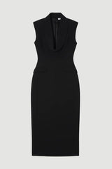 Polished Tailored Cowl Neck Sleeveless Midi Dress