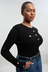 Forever Plus Size Military Trim Rib Long Sleeve Knit Top