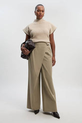 Plus Size Polished Viscose Belted Tailored Wide Leg