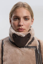 Shearling & Leather Tipped High Neck Coat
