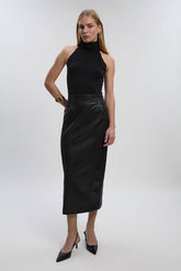 Faux Leather Seam Waist Detail Pencil Midi Skirt