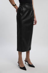 Faux Leather Seam Waist Detail Pencil Midi Skirt