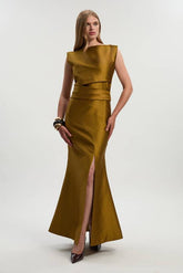 Petite Satin Twill Draped Waist Structured Tailored Maxi Dress
