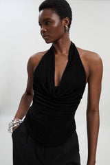 Drapey Crepe Halter Neck Ruched Open Back Top