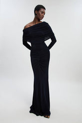 Drapey Crepe Off The Shoulder Ruched Detail Fishtail Maxi Dress