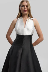 Petite Twill Contrast Tux Tailored Full Skirted Shirt Dress