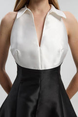 Petite Twill Contrast Tux Tailored Full Skirted Shirt Dress
