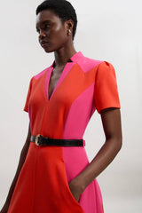 Compact Stretch Colour Block Tailored Belted Full Skirt Midi Dress