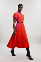 Compact Stretch Colour Block Tailored Belted Full Skirt Midi Dress