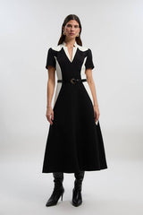 Compact Stretch Colour Block Tailored Belted Full Skirt Midi Dress