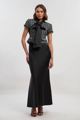 Boucle Tailored Tie Neck Satin Mix Midi Dress