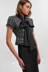 Boucle Tailored Tie Neck Satin Mix Midi Dress