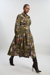 Plus Size Floral Print Cotton Sateen Woven Midi Shirt Dress