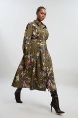 Plus Size Floral Print Cotton Sateen Woven Midi Shirt Dress