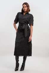 Textured Georgette With Satin Collared Shirt Midi Woven Dress