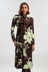 Floral Print Bow Detail Ruched Long Sleeve Crepe Maxi Dress