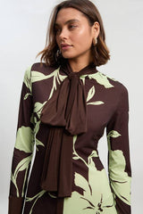 Floral Print Bow Detail Ruched Long Sleeve Crepe Maxi Dress