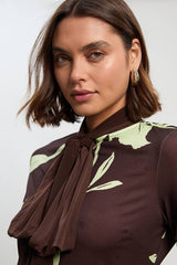 Floral Print Bow Detail Ruched Long Sleeve Crepe Maxi Dress