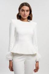 Scuba Drama Tulle Detail Cuff Woven Peplum Top