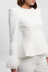 Scuba Drama Tulle Detail Cuff Woven Peplum Top