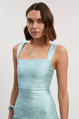 Petite Foil Metallic Figure Form Bandage Strappy Knit Maxi Dress
